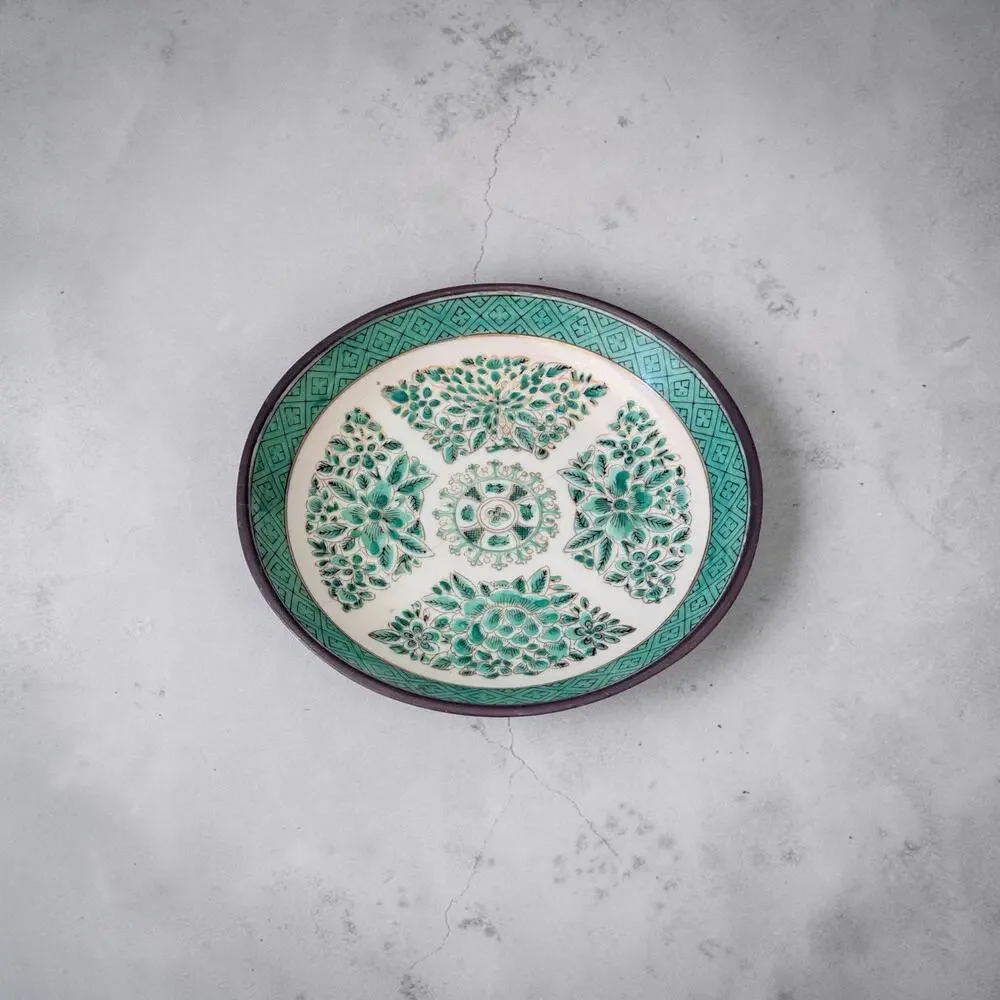 Vintage ACF Pewter Encased Japanese Porcelain Bowl - Green Floral Chinoiserie